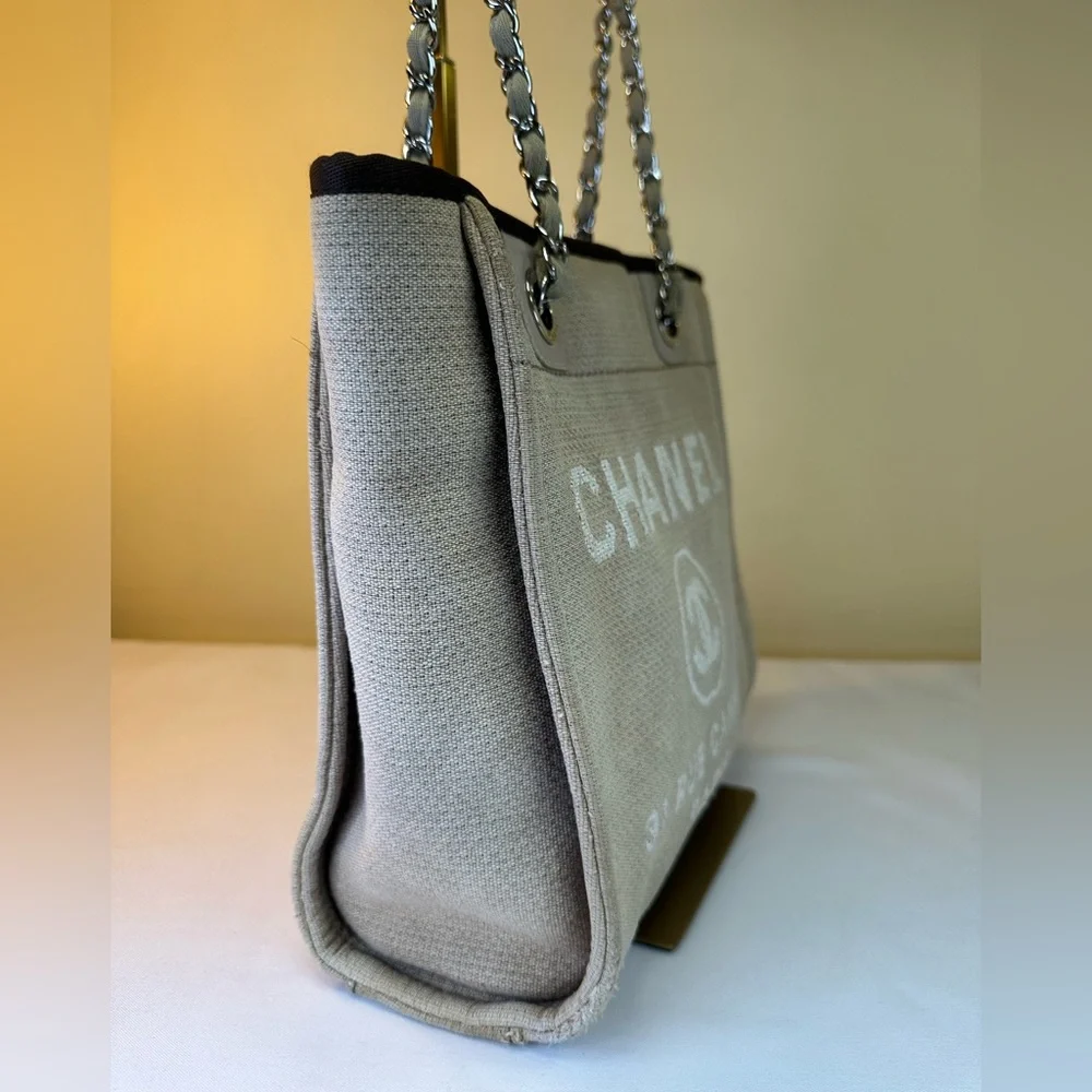 CHANEL CC Deauville Tan Canvas Small Tote SHW White Lettering COA - Picture 7 of 16